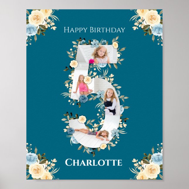 Affiche 5e anniversaire Photo Collage Turquoise bleu jaune (Devant)