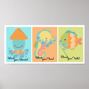 Affiche 5x7 Ocean Poisson calmar Mer Cheval Salle de bain