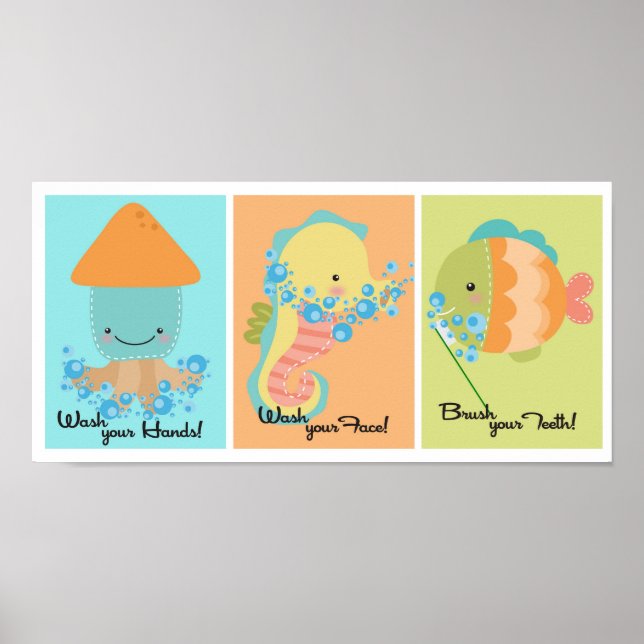 Affiche 5x7 Ocean Poisson calmar Mer Cheval Salle de bain  (Devant)