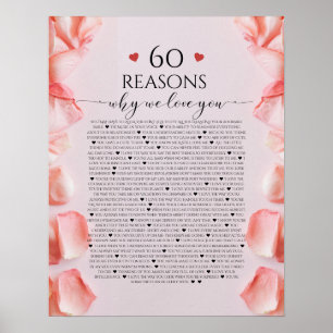Affiche 60 Raisons nous vous aimons cadeau, rose pétale
