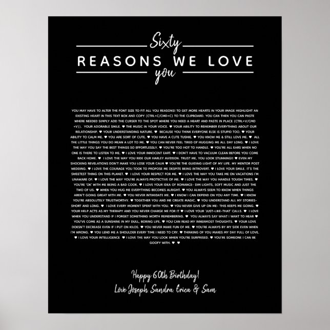 Affiche 60 raisons pour lesquelles nous vous aimons cadeau (Devant)