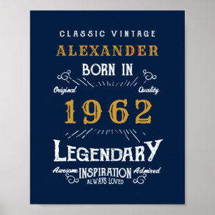 Affiche 60th Birthday 1962 Ajouter Nom Legendary Blue Gold