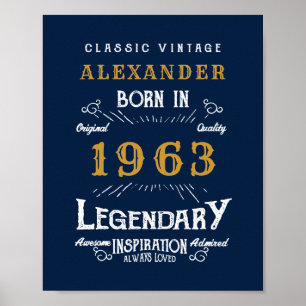 Affiche 60th Birthday Born 1963 Ajouter Nom Legend Blue Go