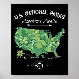 Affiche 63 Carte des parcs nationaux Parc américain Rétro