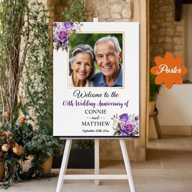 Affiche 65e anniversaire Mariage Gold Frame Roses violets (Créateur téléchargé)