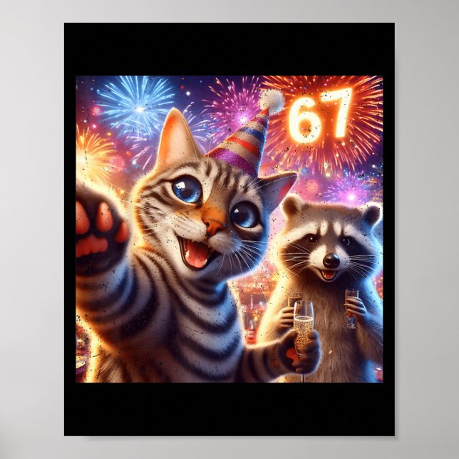 Affiche 67 Meme Cat Raccoon New Year Selfie Funny Birthday (Devant)