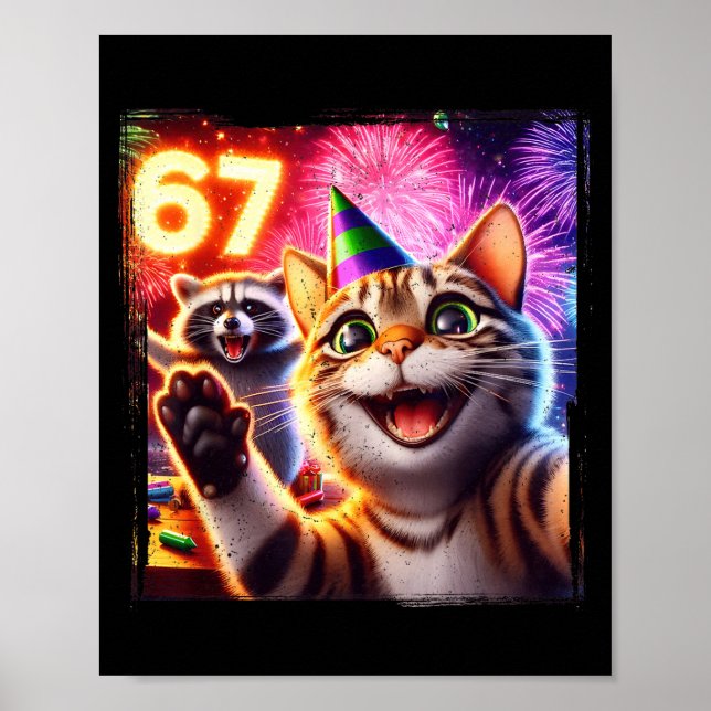Affiche 67 Meme Cat Raccoon New Year Selfie Funny Birthday (Devant)