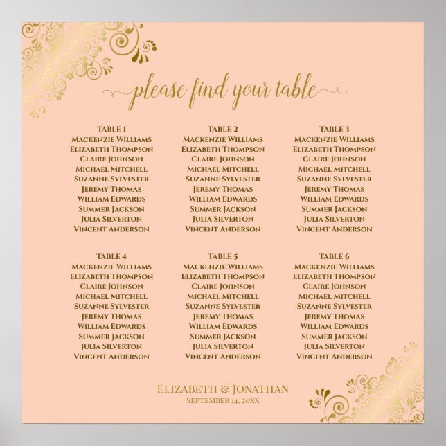 Affiche 6 Table Coral Peach & Gold Wedding Seating Chart (Devant)
