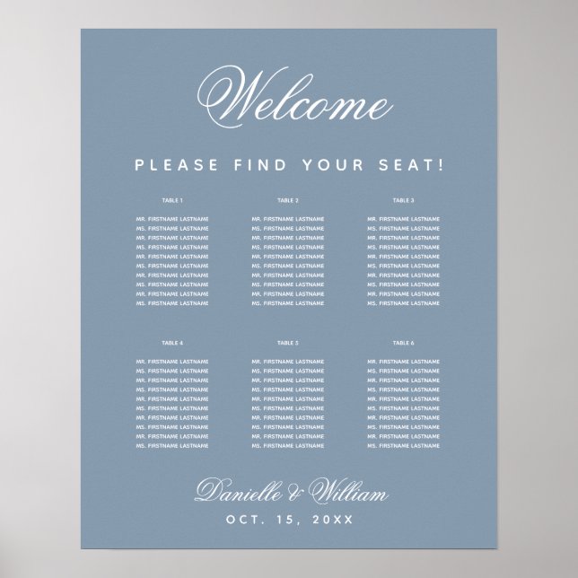 Affiche 6 Table Dusty Blue Simple  Wedding Seating Chart (Devant)