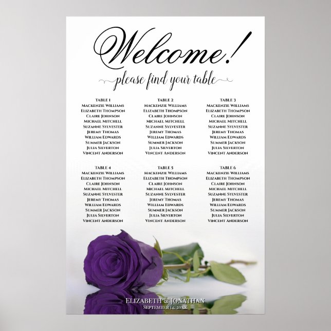 Affiche 6 Table Élégant Rose Royal Violet Plan de Table (Devant)