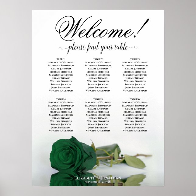 Affiche 6 Table Élégant Rose Vert Émeraude Plan de Table (Devant)
