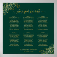 6 Table Emerald Green & Gold Wedding Seating Chart