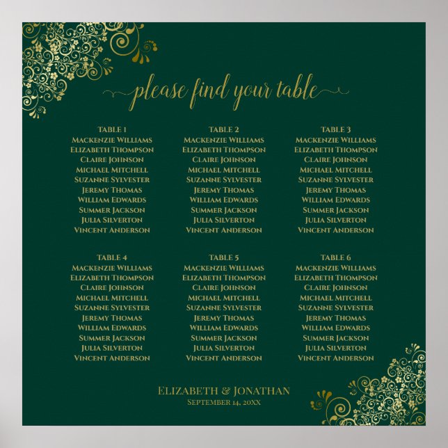 Affiche 6 Table Emerald Green & Gold Wedding Seating Chart (Devant)