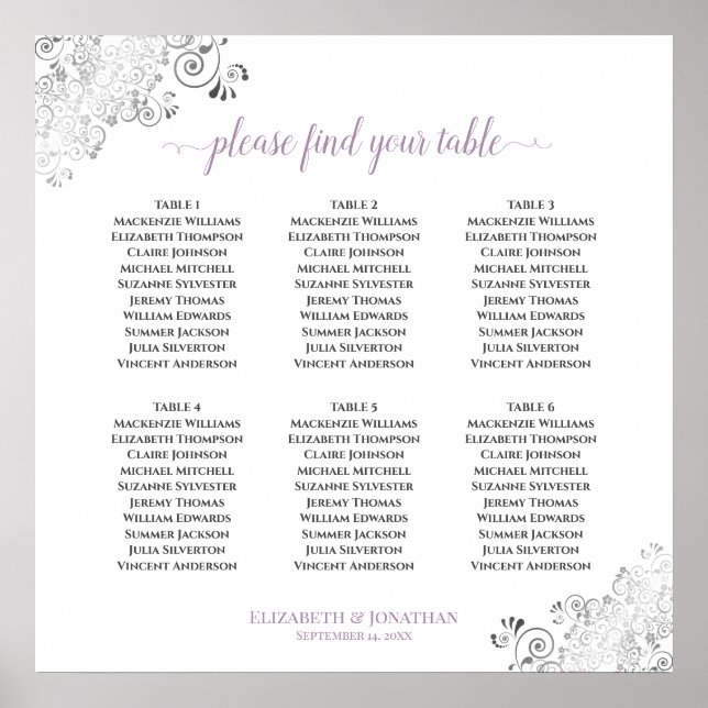 Affiche 6 Table Lacy Wedding Seating Chart Lavender White (Devant)