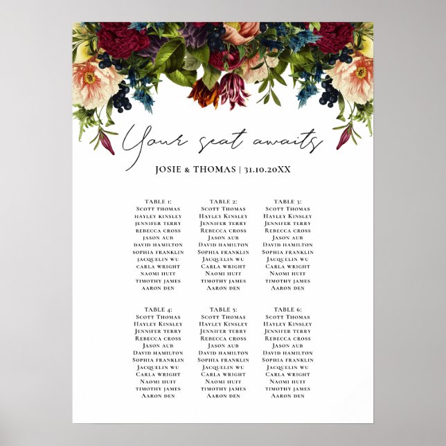 Affiche 6 table Moody Floral Bourgogne Mariage Plan de siè (Devant)