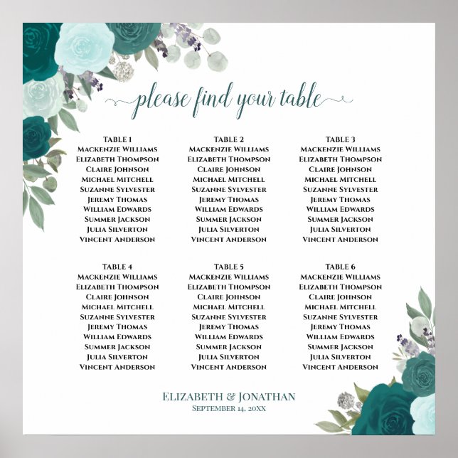 Affiche 6 Tables Roses Salle de Mariage Bohème Plan de Tab (Devant)