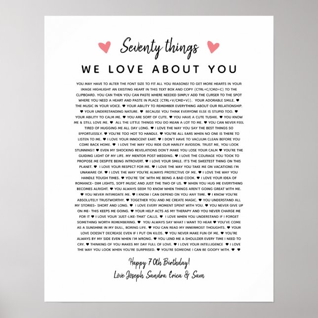 Affiche 70 raisons pour lesquelles nous vous aimons cadeau (Devant)