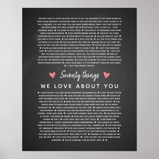 Affiche 70 raisons pour lesquelles nous vous aimons cadeau (Devant)