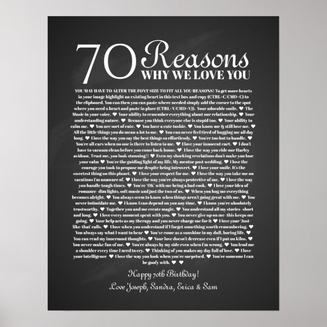 Affiche 70 raisons pour lesquelles nous vous aimons cadeau (Devant)