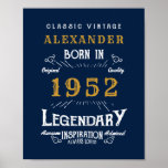 Affiche 70th Birthday 1952 Ajouter Nom Legendary Blue Gold<br><div class="desc">Anniversaire personnalisé ajoutez votre nom affiche d'anniversaire. Modifiez le nom et l'année avec le modèle fourni. Plus de cadeaux et de fournitures de fête disponibles avec le design "légendaire" dans le magasin.</div>