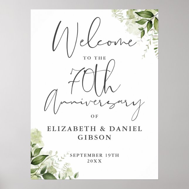 Affiche 70th Wedding Anniversary Greenery Welcome Sign (Devant)