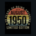 Affiche 71 Year Old Gifts August 1951 Limited Edition<br><div class="desc">71 Year Old Gifts August 1951 Limited Edition 71th Birthday Gift. Perfect gift for your dad,  mom,  papa,  men,  women,  friend and family members on Thanksgiving Day,  Christmas Day,  Mothers Day,  Fathers Day,  4th of July,  1776 Independent day,  Veterans Day,  Halloween Day,  Patrick's Day</div>