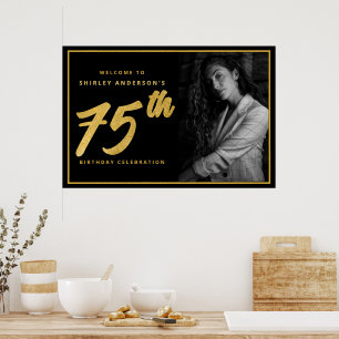 Affiche 75e anniversaire Photo Black Faux Gold Leaf Élégan