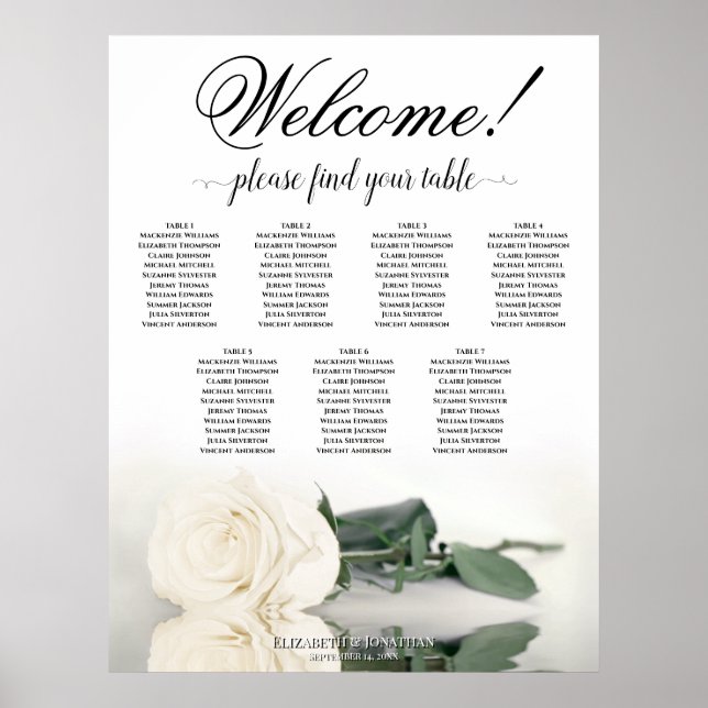 Affiche 7 Table Rose blanche Élégante carte de mariage (Devant)