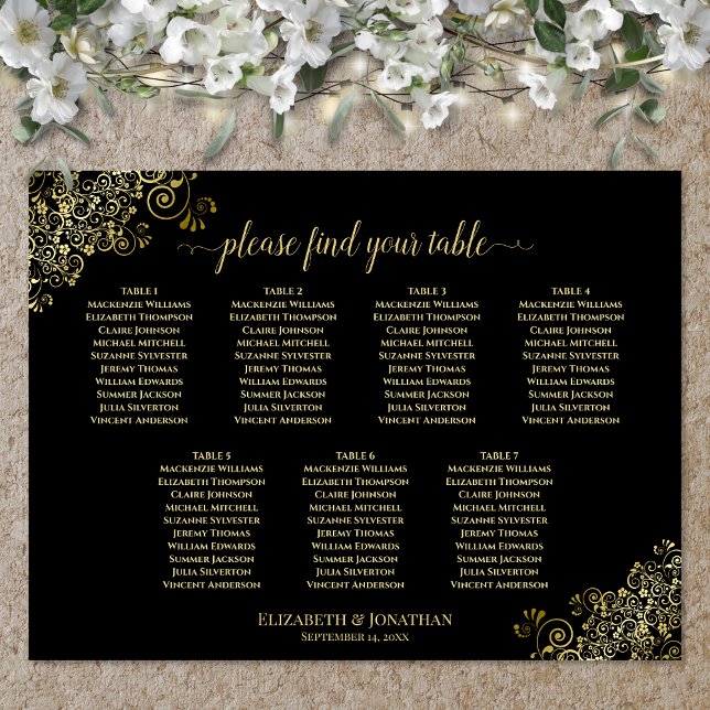 Affiche 7 Table Wedding Seating Chart Gold Frills on Black (In Situ on Wall with Decorations)