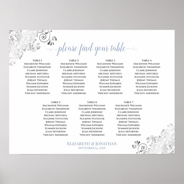 Affiche 7 Table White & Blue Frilly Wedding Seating Chart (Devant)