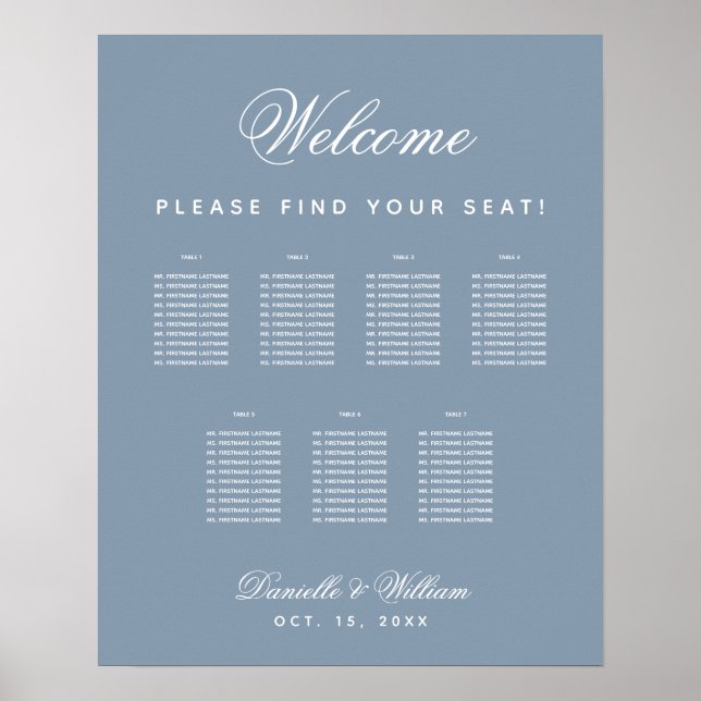 Affiche 7 Tables Mariage Bleu Poussiéreux Plan de Table (Devant)