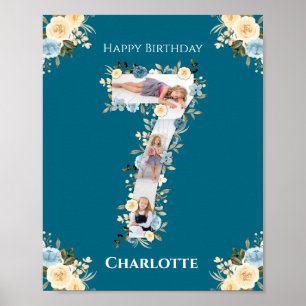 Affiche 7e anniversaire Photo Collage bleu Fleur jaune Tur