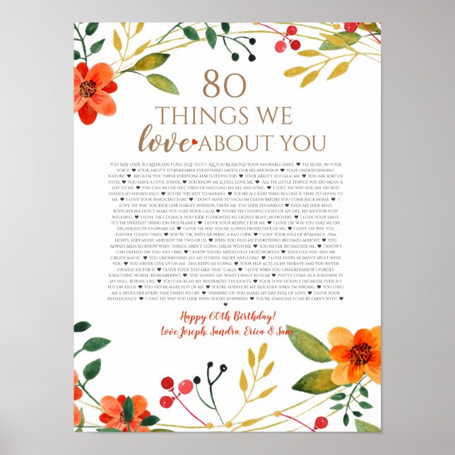 Affiche 80 choses que nous aimons de vous fleurs orange (Devant)