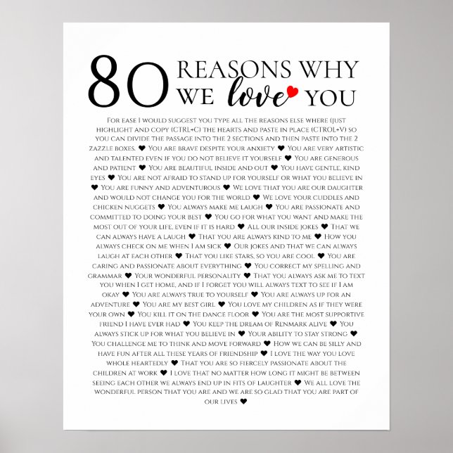 Affiche 80 Raisons pour lesquelles nous t'aimons Cadeau 80 (Devant)