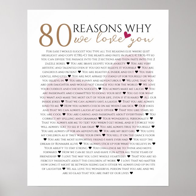 Affiche 80 reasons why we love you 70th 60th 50th birthday (Devant)