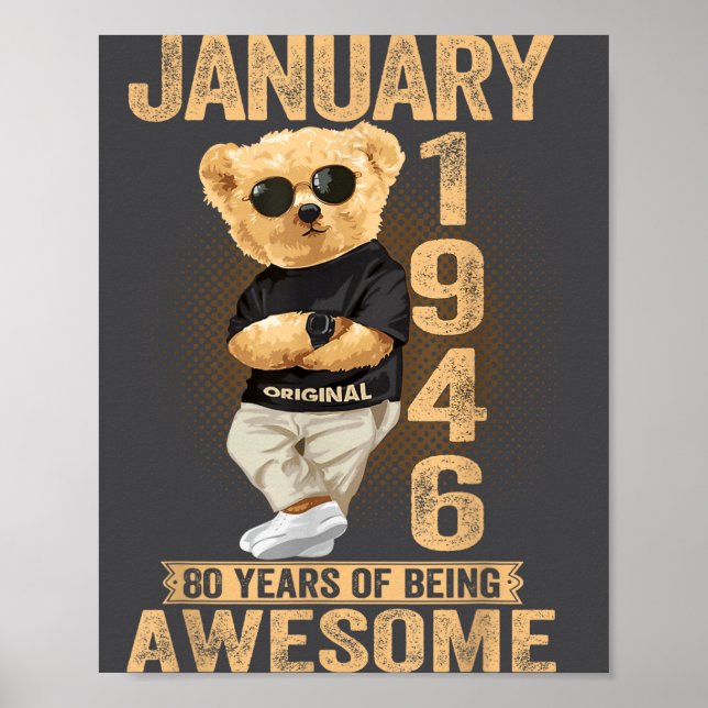 Affiche 80 Year Old January 1946 Teddy Bear 80th Birthday  (Devant)