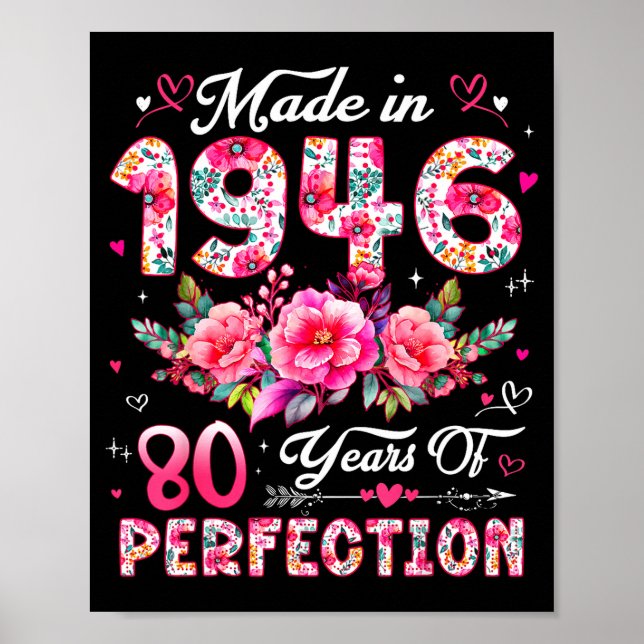 Affiche 80 Year Old Made In 1946 Floral 80th Birthday Wome (Devant)