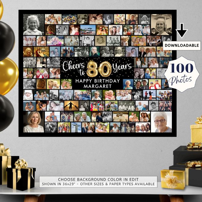 Affiche 80e Anniversaire 100 Photos Noir Or Félicitations  (Créateur téléchargé)