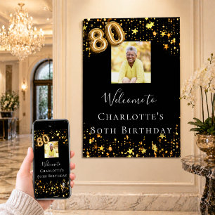 Affiche 80e anniversaire Black gold stars photo bienvenue