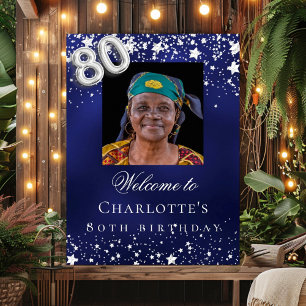 Affiche 80e anniversaire bleu argent étoiles photo bienven