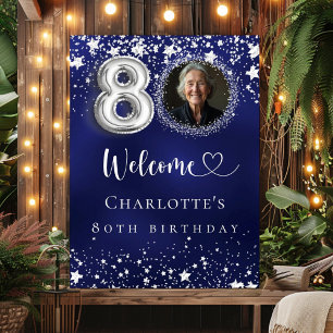 Affiche 80e anniversaire bleu argent étoiles photo bienven