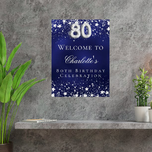 Affiche 80e anniversaire bleu argent stars bienvenue