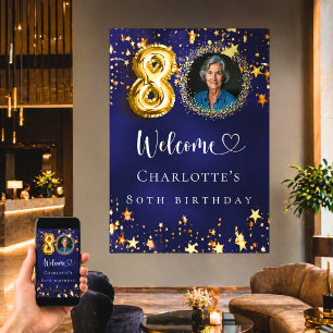Affiche 80e anniversaire d'or bleu étoiles photo bienvenue