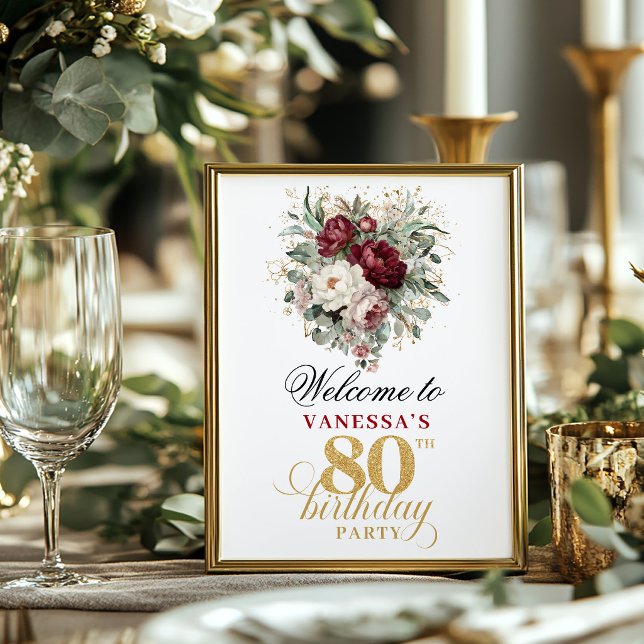 Affiche 80e anniversaire Marsala Blush Burgundy (Marsala Blush Burgundy 80th Birthday Poster)