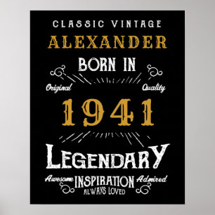 Affiche 80e anniversaire personnalisé Né en 1941 Noir Vint