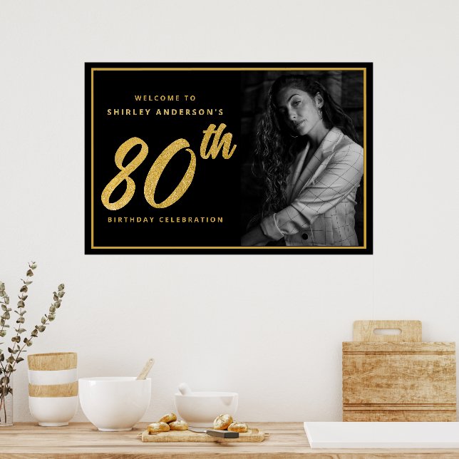 Affiche 80th Birthday Photo Black Faux Gold Leaf Elegant  (Cuisine)