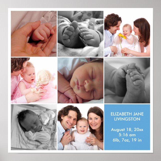 Affiche 8 bébé photo moderne collage bleu blanc bordure (Devant)