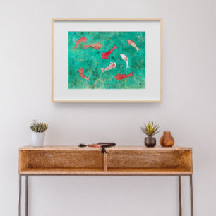 Affiche 8 carpes koï rouges et dorées aquarelle