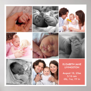 Affiche 8 photo bébé collage moderne rose blanc bordure