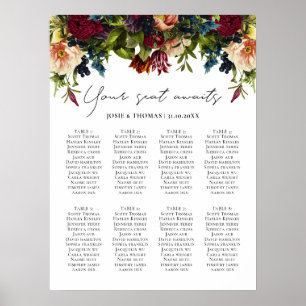 Affiche 8 table Moody Floral Bourgogne Mariage Plan de siè